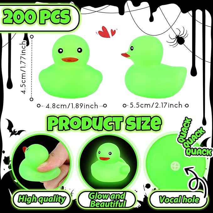 Deekin 200 Pcs 2 Inch Glow in the Dark Rubber Ducks Bulk Green Squeaky Light up Ducks Floating Bathtub Toys for Bath Bathtub Baby Shower Summer Birthday Party Favors Supplies