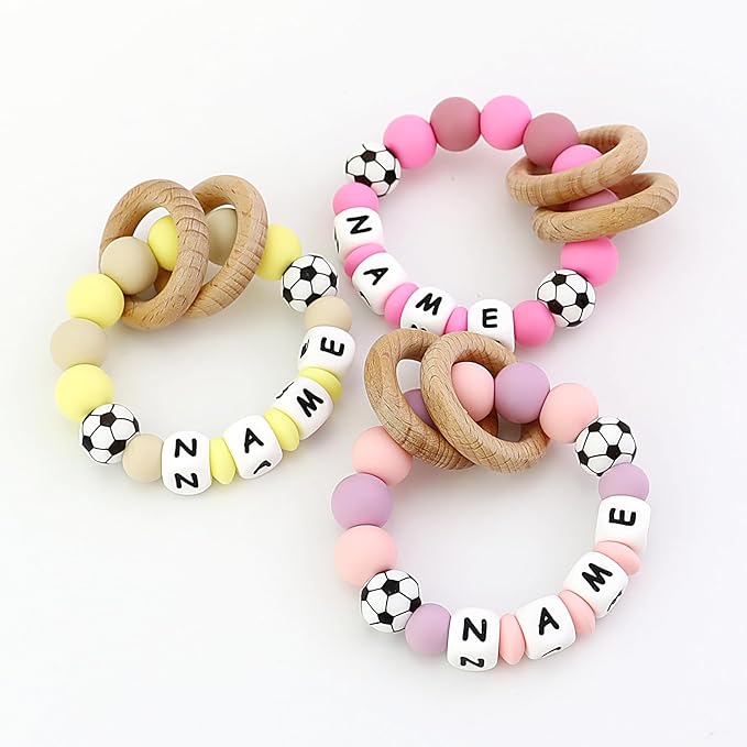 Personalized Baby Teether with Name,Custom Football Teether Rattle for Boys Girls Toddler Newborn Gift, Silicon Teeting with Natural Beech Wood Ring