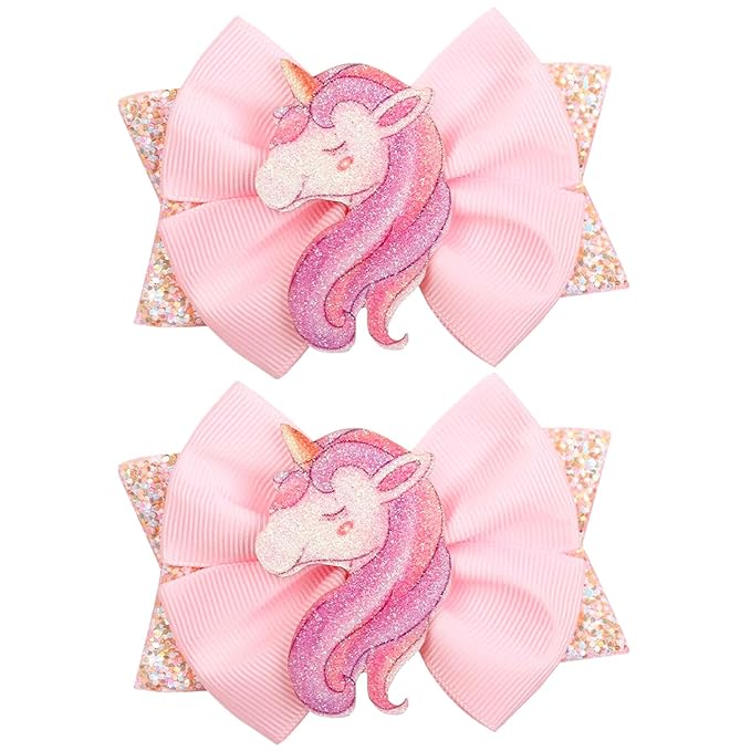 Glitter Unicorn Hair Bows for Girls - 2PCS Sparkly Pink Unicorn Bow, Cute Alligator Hair Clips Barrettes Hair Accessories for Toddler Kids Birthday Party, Princess Costume Gift