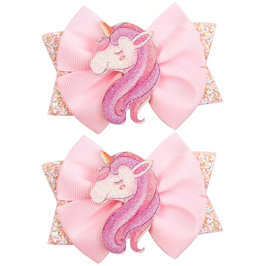 Glitter Unicorn Hair Bows for Girls - 2PCS Sparkly Pink Unicorn Bow, Cute Alligator Hair Clips Barrettes Hair Accessories for Toddler Kids Birthday Party, Princess Costume Gift