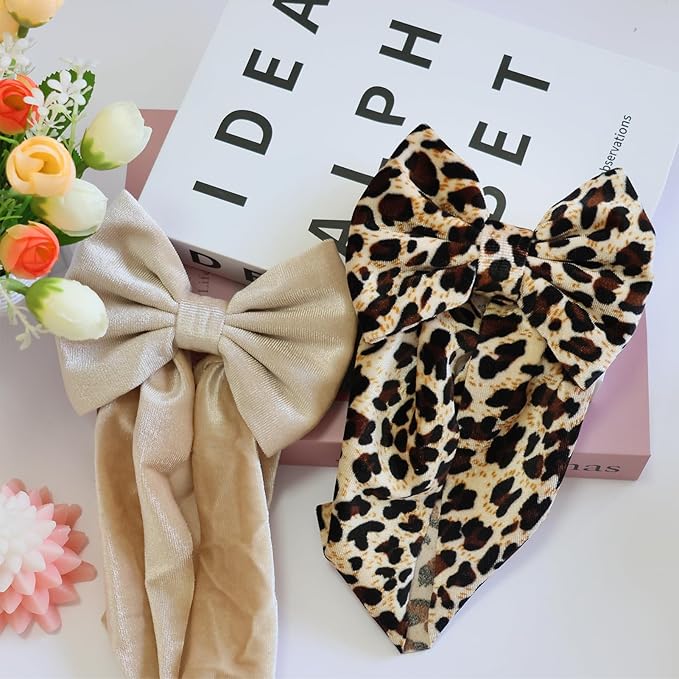 Velvet Khaki Leopard Baby Headbands Big Bows for Baby Girls Velvet Soft Hairbands Bows Wide Head Wrap Beige Hair Accessories for Newborn, Infant Toddlers 0-6Months