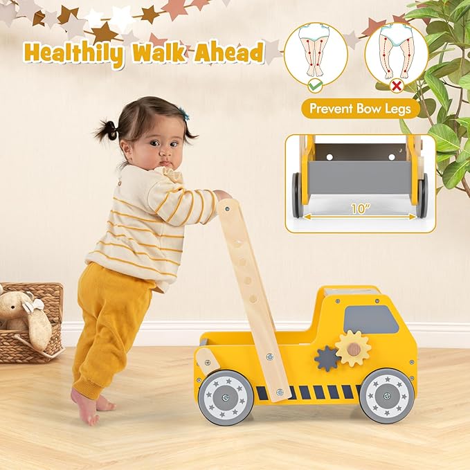 BABY JOY Wooden Baby Walker, Pretend Play Tool Bench, Push and Pull Learning Walker Activity Center, Toddler Montessori Educational Toy for Boys Girls
