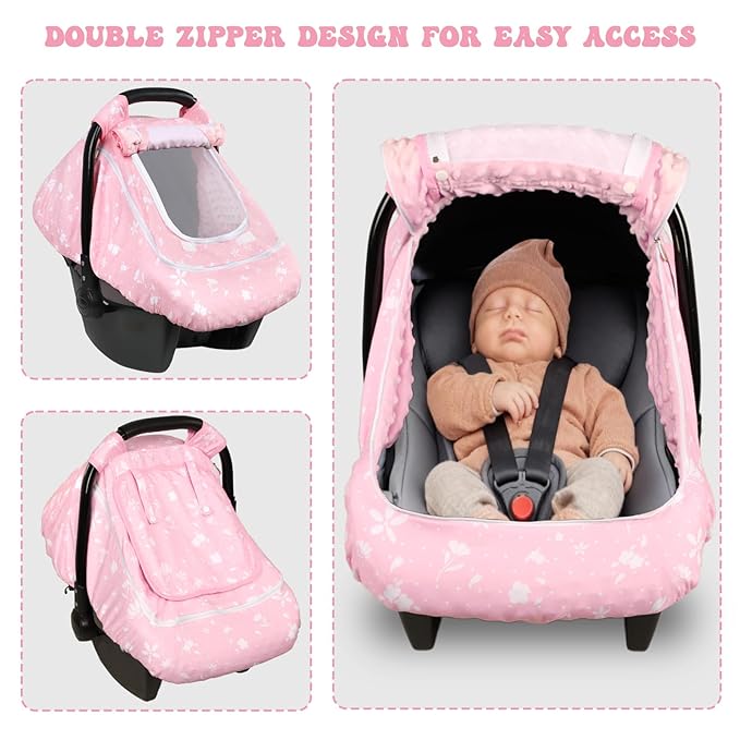Baby Car Seat Cover for Girls, Infant CarSeat Covers with Mesh Man Fai Sky, Multi-Functional Newborn Canopy Breathable for Summer Winter, Windproof & Universal Fit, Flower