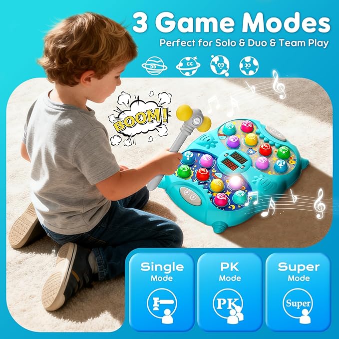 Whack Mole Game for Kids, Idea Gift for 3-12 Year Old Boys and Girls, Interactive Pounding Toy with 2 Hammers, Lights & Sounds, 3 Game Modes Educational Toy for 3 4 5 6+ Year Old Boys- Blue