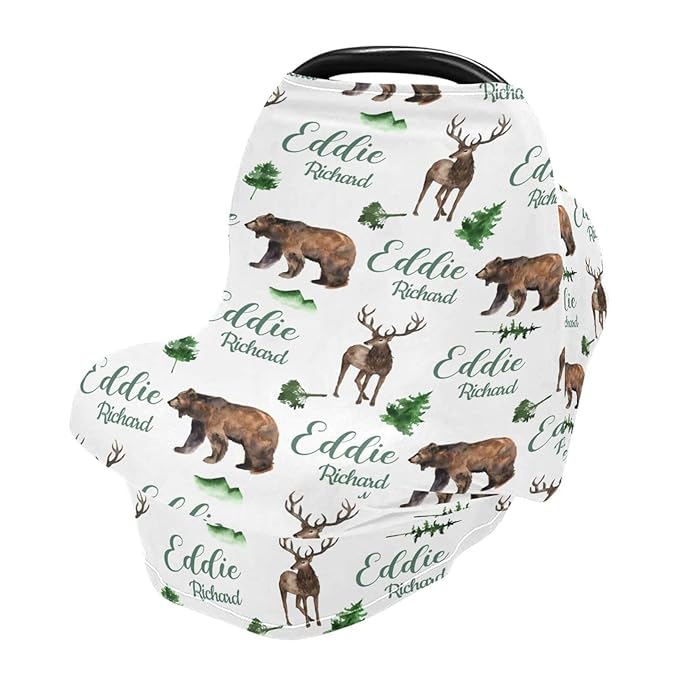 Personalized Baby Car Seat Cover for Boy Girl, Custom Woodland Deer Bear Nursing Covers for Breastfeeding with Name, Infant Stroller Cover, Baby Carseat Canopy for Newborn, Multiuse Car Seat Canopies
