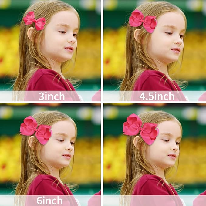 Oaoleer 8PCS Hair Bows for Girls Hot Pink Grosgrain Ribbon Boutique Bow Alligator Clips Hair Accessories for Toddlers Little Girls Kids (8inch, 6inch, 4.5inch, 3inch in Pair)