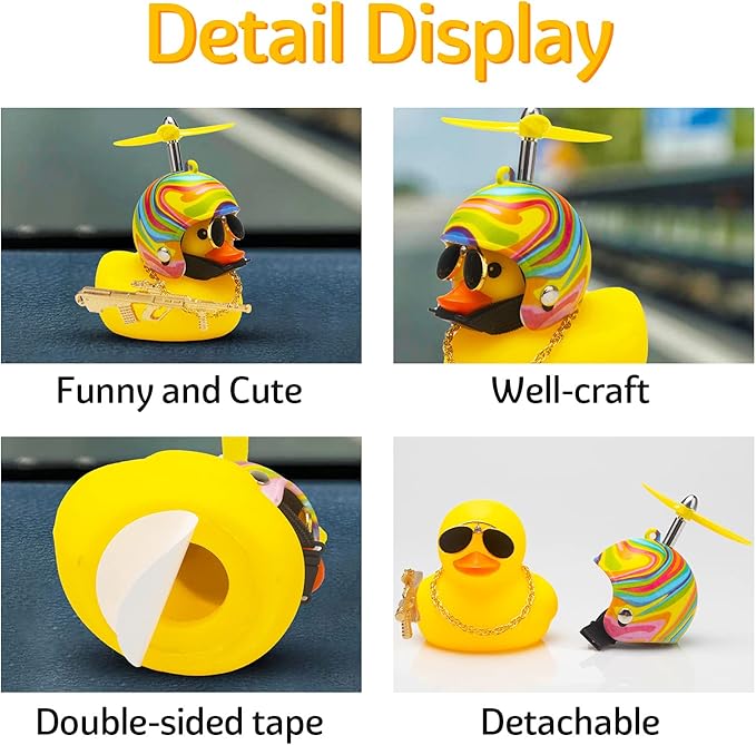 wonuu Rubber Duck Car Ornaments Cool Yellow Duck Car Dashboard Decorations Squeaky Glasses Duck with Propeller Helmet for Car ccessories Dashboard (Rainbow-Yellow G)
