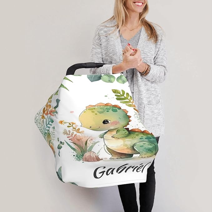 Personalized Dinosaur Baby Car Seat Cover with Name,Multi-Use Canopy for Nursing, Strollers,Shopping Carts,Customized Breastfeeding Cover, Full Privacy,Infant Stroller Cover