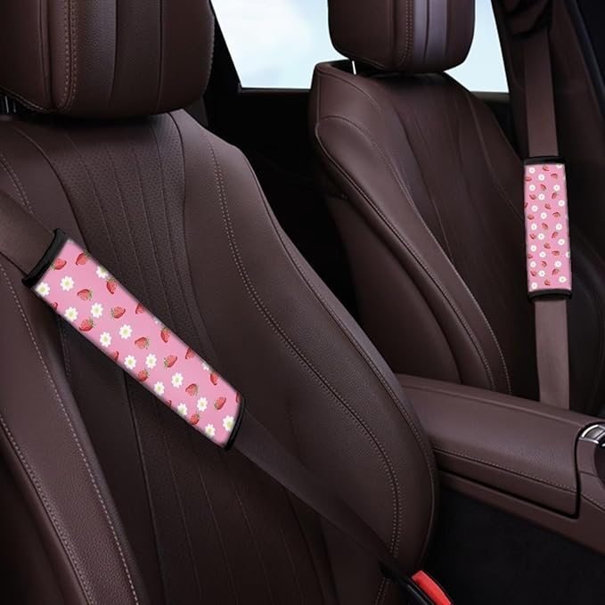 UNICEU Pink Strawberry Printed Neoprene Car Seatbelt Cushion Coversfor Women,Strawberry Car Accessories Seat Belt Covers Shoulder Pads Seatbelt Strap Cover