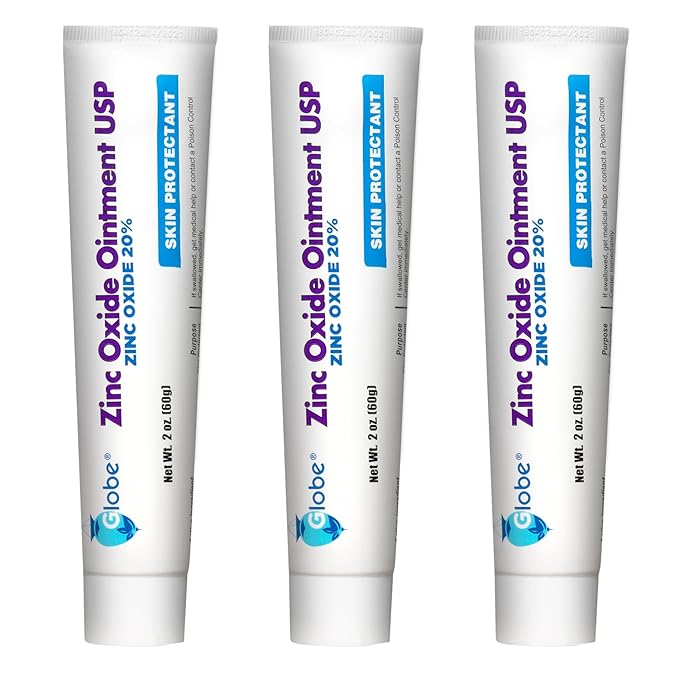 Globe (3 Pack) Zinc Oxide 20% Skin Protectant Barrier Ointment 2 oz Relieves, Treats and Prevents Minor Skin Irritations due to Diaper Rash. Helps Seal Out Wetness. Protects Chafed Skin.