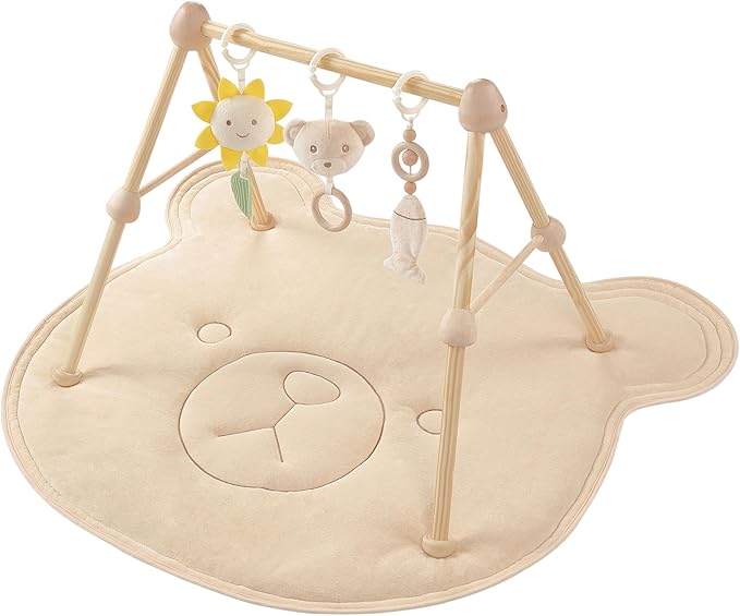 4-in-1 Wooden Baby Play Gym & Activity Mat, Soft Cotton Tummy Time Mat for Babies 0+,with 3 Detachable Toys for Sensory & Motor Skill Development,Newborn Infant Baby Essentials Gift,Bear