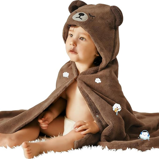 Toddler Baby Bath Towel with Hood 27.5"X55" Ultra Absorbent Soft Cozy Comfort Bathrobe Blanket, 0-6 Years Infant Shower Towel for Girls & Boys(Brown Bear)