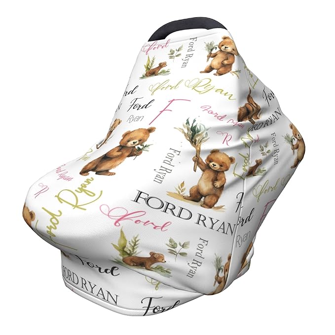 Personalized Baby Car Seat Covers for Babies, Custom Bear Nursing Breastfeeding Carseat Canopy with Name, Infant Stroller Covers for Newborn Girls Boys, Breathable Carseat Cover