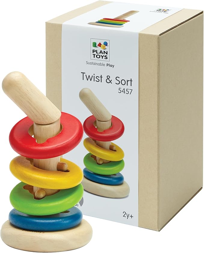 PlanToys® Twist & Sort Wooden Stacking Toy for Toddlers | Montessori Fine Motor Toy with Twistable Rod & Colorful Rings | Eco-Friendly Educational Puzzle for Kids Ages 2+