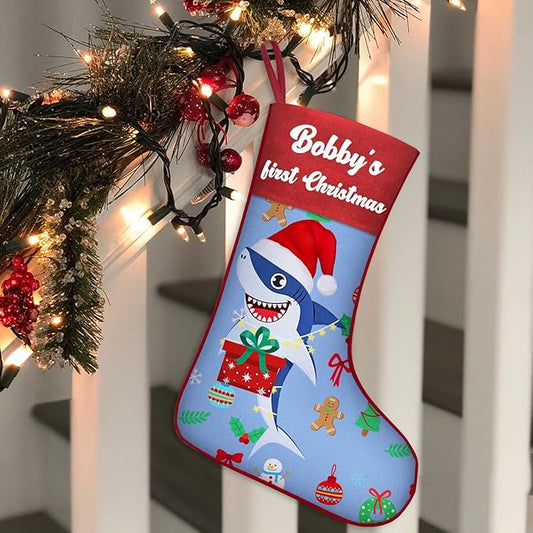 Personalized Baby Boy’s 1st Christmas Stocking Custom Name Baby's First Xmas Stocking, Shark, Baby