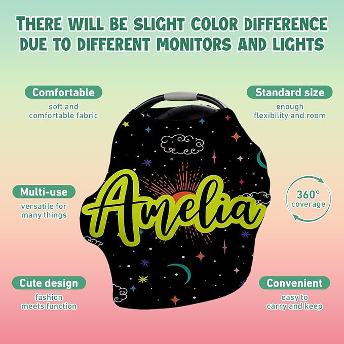 Custom Name Car Seat Canopy - Baby Car Seat Covers, Infant Stroller Cover, Bright Green Star Carseat Canopy Christmas Birthday Gifts for Girls and Boys
