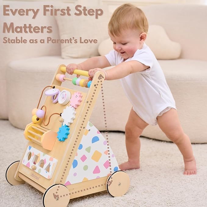 Wooden Baby Walker with Upgraded Adjustable Speed Control, Montessori Activity Push Walker with Wheels, Baby Walker Toy for Toddlers, Gift for Boys & Girls 1 Year Old