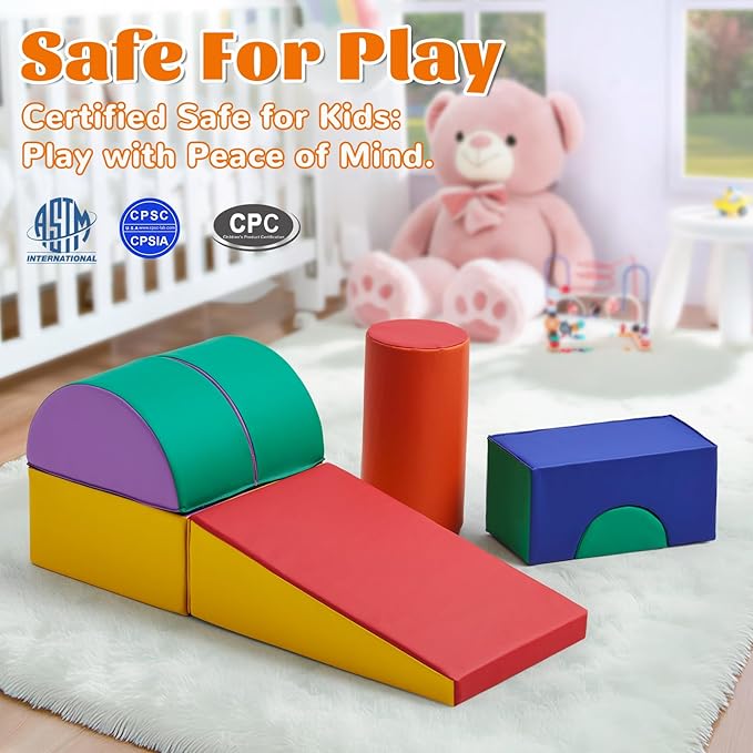 Toddler Climbing Toys Indoor, 5-Piece Foam Baby Climbing Blocks, Soft Play Climbing Set for 1-3 Years Old, Modular Crawling & Sliding Equipment, Waterproof Easy to Clean (red)