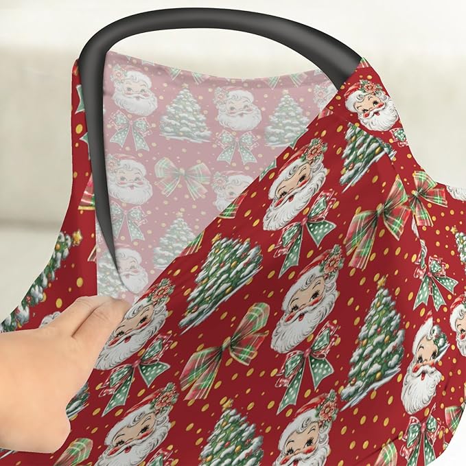 Christmas Santa Trees Car Seats Cover for Babies Santa Claus Red Green Bows Stretchy 5-in-1 Cover Adjustable Car Canopy Cover Winter Holiday Breathable Nursing Cover-Up