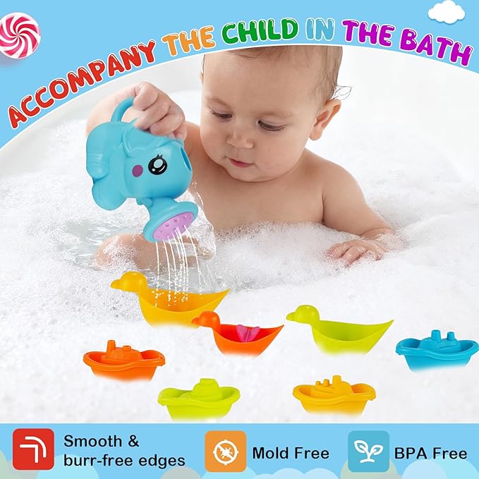 Baby Bath Toys for Kids,12 PCS Mold Free Bath Toys for Toddlers with Floating Boats,Watering Can,Floating Ducks & Bath Spoons, Bathtub Water Pool Toys for Babies and Toddlers