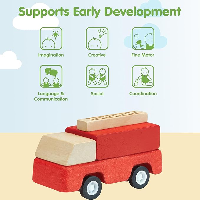 PlanToys® Fire Truck Wooden Montessori Vehicle Toy | Early Movement, Imagination and Practical Life Exploration | Eco Friendly Fire Rescue Truck for Indoor and Outdoor Play