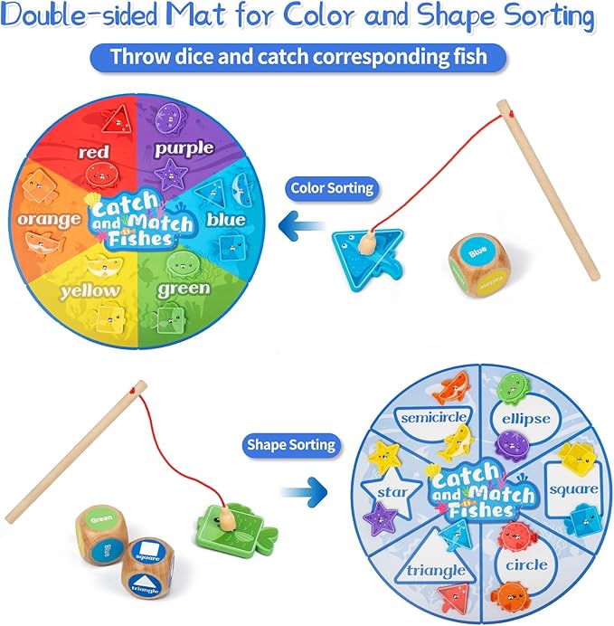 Montessori Toys for Toddlers 1-3,Wooden Magnetic Fishing Game Educational Shape & Color Sorting for Kid 3-5,Boy Girl Preschool Learning Motor Skill Matching Activity Toy for Age 2-4 (Foldable mat)