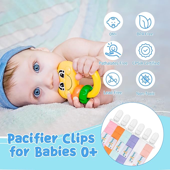 babygoal Pure Color Pacifier Clips, 6 Pack Binky Paci Holder Clips Leashes Fits for Most Baby Pacifiers and Binkies