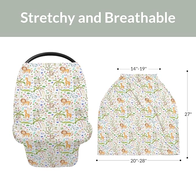 Boho Zoo Jungle Safari Car Seat Cover for Babies Zoo Animals Tropical Leaves Stretchy 5-in-1 Cover Adjustable Car Canopy Breastfeeding Cover Wildlife Adventure Breathable Nursing Cover-Up
