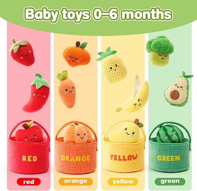 Baby Sensory Toys, Montessori Learning Basket with Soft Sorting Play Food, Crinkle & Rattle Toys for 6-12 Months Infants, Fine Motor Skills Gift for 1 Year Old Boys Girls Sorting & Stacking Toys