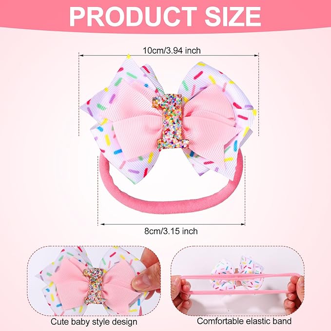 Baby Bow Headband, Cute Baby Hair Bow Elastic Hairband Bow Hair Accessories for Newborn Baby Girls Toddlers 1st First Birthday Party Decorations Photo Props (Ice Cream)