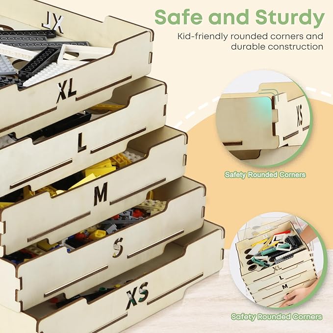 Toy Block Sorter Sifter, 5 Different Size Toy Block Sorting Boxes, Wooden Storage Box for Building Blocks, Birthday Gift Boys Girls and Adults