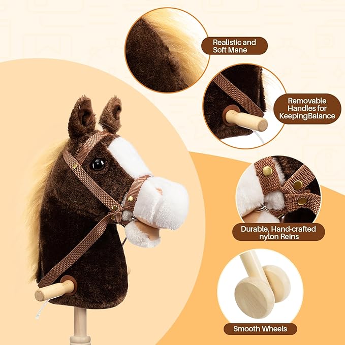 HollyHOME Stick Horse Plush Handcrafted Hobby Horse on a Stick with Wood Wheels Real Pony Neighing and Galloping Sounds for Kids Toddlers Chocolate 36 Inches(AA Batteries Required)