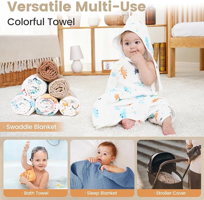 Hooded Baby Towels for Newborn, 2 Pack 36x36Inch Muslin Cotton Baby Bath Towel and 2 Pack 12x12Inch Washcloth Set with Hood for Babies, Toddler and Kids, Essentials Must Haves (Coffee and Car)
