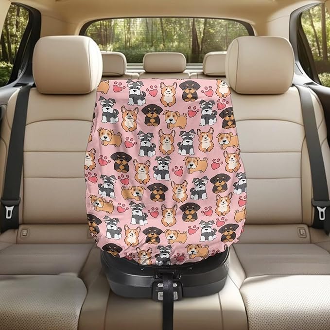 Car Seat Sun Shade Cover Dog Print Car Seat Cover Baby Carseat Covers Universal Baby Travel Accessories Keeps Baby's Carseat at Cooler Temperature, Blocks Out Heat & Sun UV Covers