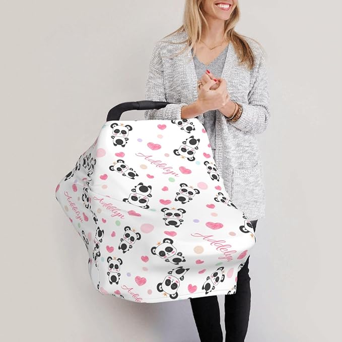 Personalized Baby Car Seat Cover for Girls, Custom Panda Pink Nursing Covers for Breastfeeding with Name, Infant Stroller Cover, Baby Carseat Canopy for Newborn, Multiuse Car Seat Canopies