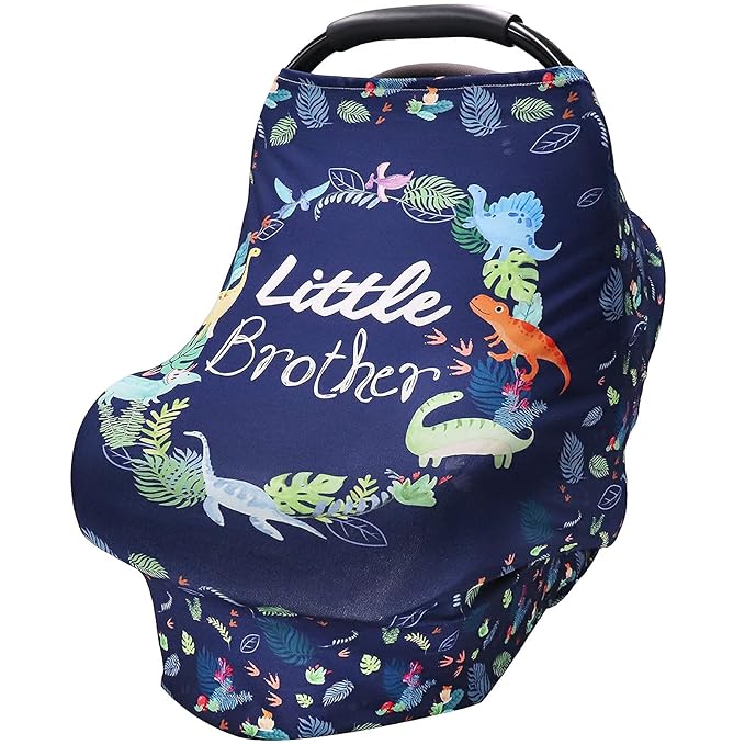 Baby Car Seat Cover for Boys, Little Brother Car Seat Canopy, Multiuse Nursing Covers, Dinosaur Theme Infant Carrier Cover Summer, Breastfeeding Scarf Newborn, Ultra-Soft Breathable