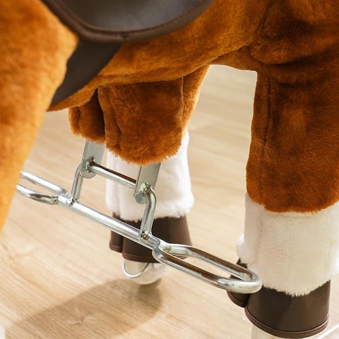 Qaba Ride on Horse, Walking Horse Toy, Kids Plush Riding Horse, Pony with Wheels & Neighing Sound for 3-5 Years Old up to 132 Pounds, Brown
