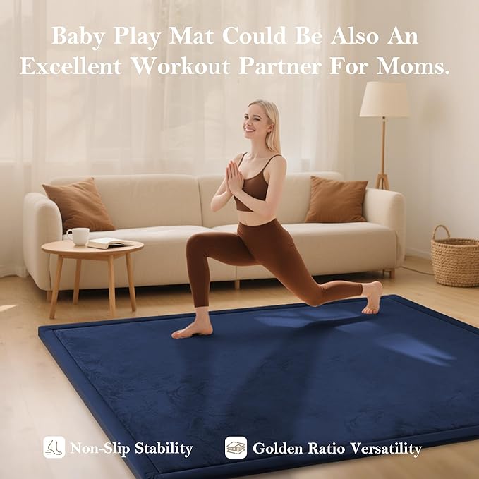 Baby Play Mat for Floor, 1.3"Thick Extra Large Cushioning Memory Foam Playpen Mat, Soft Coral Velvet Baby Crawling Mat with Non-Slip Backing for Toddlers,Infants,Kids,Yoga Mat (Dark Blue 79"×118") ﻿