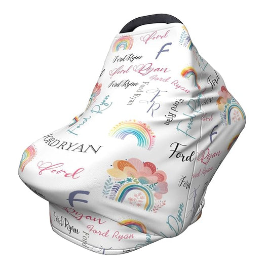 Personalized Car Seat Covers for Babies with Name – Multi-use Breastfeeding Cover Custom Rainbow Carseat Canopy Cover, Infant Stroller Covers for Boys and Girls