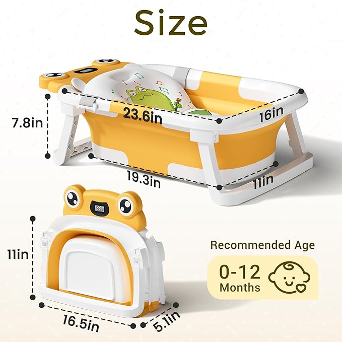 BUNWAG Baby Bathtub, Collapsible Newborn Bathtub for Infant to Toddler with Soft Cushion and Thermometer,Portable Travel Newborn Tub with No-Slip Feet, Baby Shower Gifts, 0-12 Months Baby Bath, Yellow