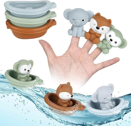 Bath Pool Toys for Toddler, Stacking Toy with 3 Boat 3 Sensory Finger Puppets, Toddler Toys Gifts for 2-4 Year Old Boy Girl, Model A