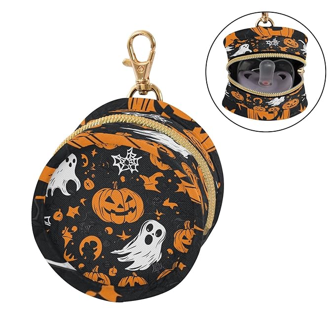 Pacifier Holder with Clip Pacifier Case for Diaper Bag Round Baby Pacifier Pouch Box Bag Portable Gothic Funny Halloween Ghost and Pumpkins