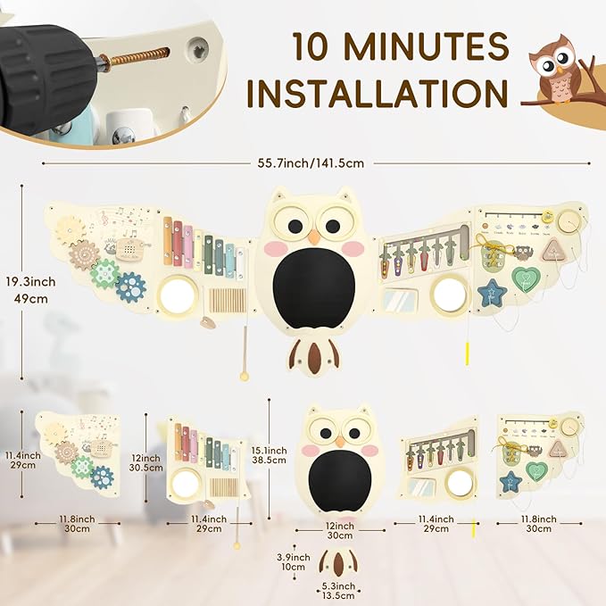 Baotree Owl Activity Wall Busy Board Panels, Montessori Sensory Toys, Toddler Learning Activity Center,Interactive Wooden Learning Toy for Toddler Playroom & Children's Daycare