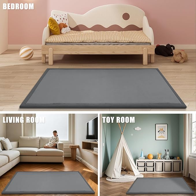 Baby Play Mat for Floor, 1.3" Thick Memory Foam Muscle Playpen Cushion, Soft Coral Velvet Tummy Time Mat with Non-Slip Backing, Water Repellent Child Nursery Rug for Toddlers, Kids (Dark Grey, 39X59)