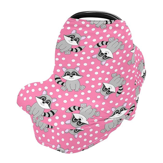 Cartoon Cute Raccoon Pink Polka Dot Pattern Stretchy Baby Car Seat Cover Infant Canopy Nursing Covers Breastfeeding Cover Breathable Windproof Winter Scarf for Boys Girls