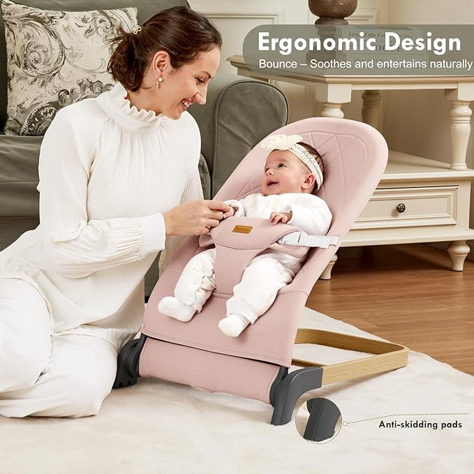 Foldable Baby Bouncer, Baby Bouncer Seat with 3 Adjustable Heights, Portable Newborn Rocker, Ergonomic Bouncer Seat for Natural Bounce, Bouncer for Babies 0-6 Months, Soft Cotton (Pink)