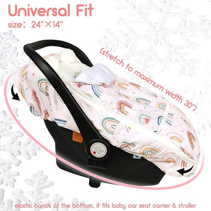 Winter Car Seat Cover Baby Girl Boy, Warm & Windproof Infant Carseat Cover Canopy Protect Baby from Cold Weather, Plush Fleece, Pink Rainbow