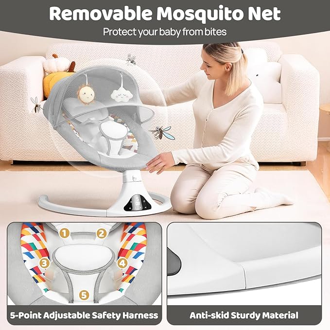 Baby Swing for Infants, Bluetooth Infant Swing with Remote Control, Portable Baby Swings with 5 Speeds, 5 Point Harness Belt, Modern Design for Newborn (Max 20 lbs Gray)