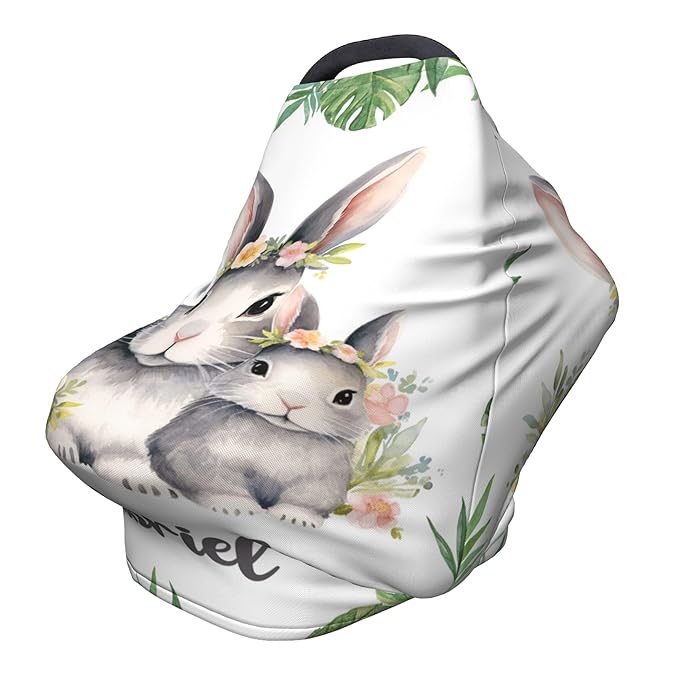 Personalized Car Seat Covers for Babies with Name – Multi-use Breastfeeding Cover Custom Rabbit Carseat Canopy Cover, Infant Stroller Covers for Boys and Girls