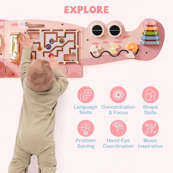 ROBUD Wooden Busy Board for Children - Montessori Learning Toy, Wall Mounted Activity Centre with Gears, Maze, Children's Wooden Toy Gifts for Toddlers, Girls, Boys